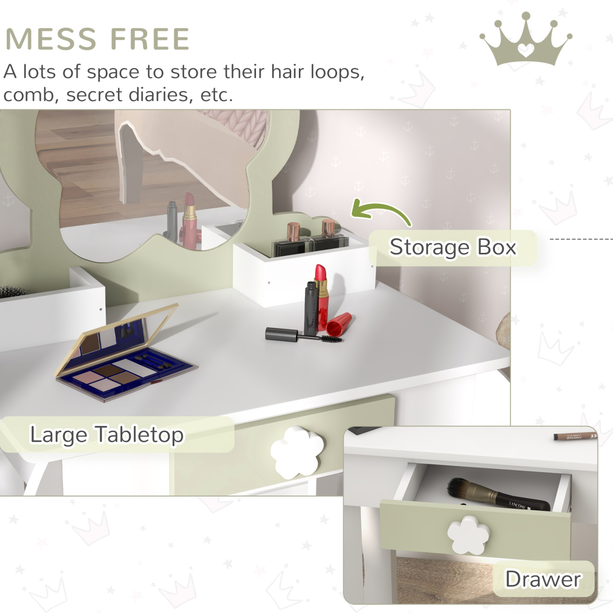 ZONEKIZ Kids Vanity Table Set with Stool, Mirror, Flower Design, White