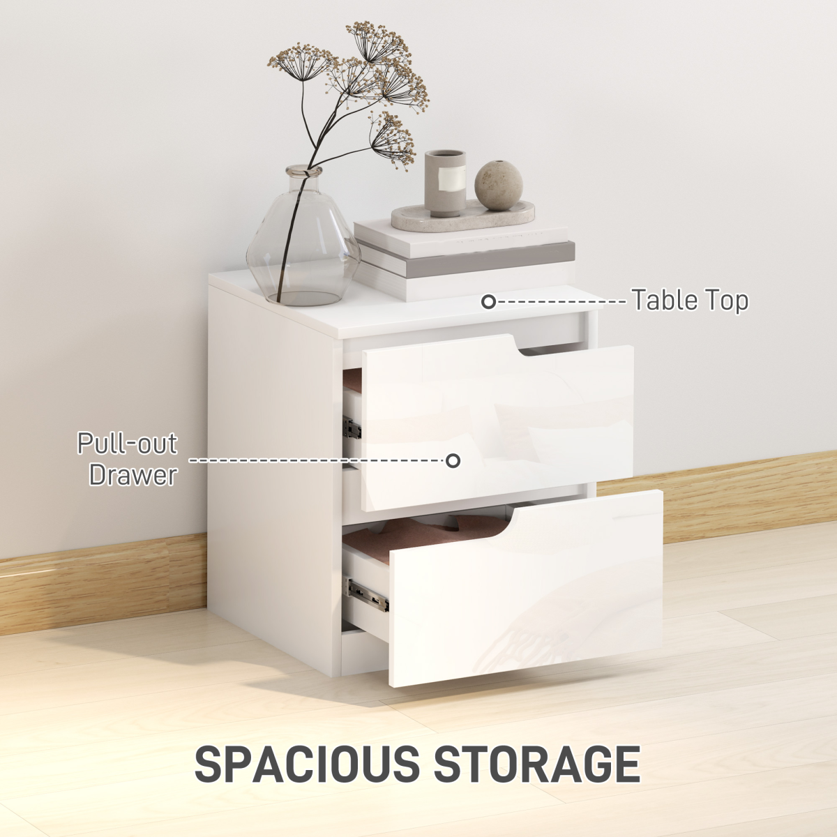 HOMCOM Modern White Bedside Table with 2 Drawers for Bedroom