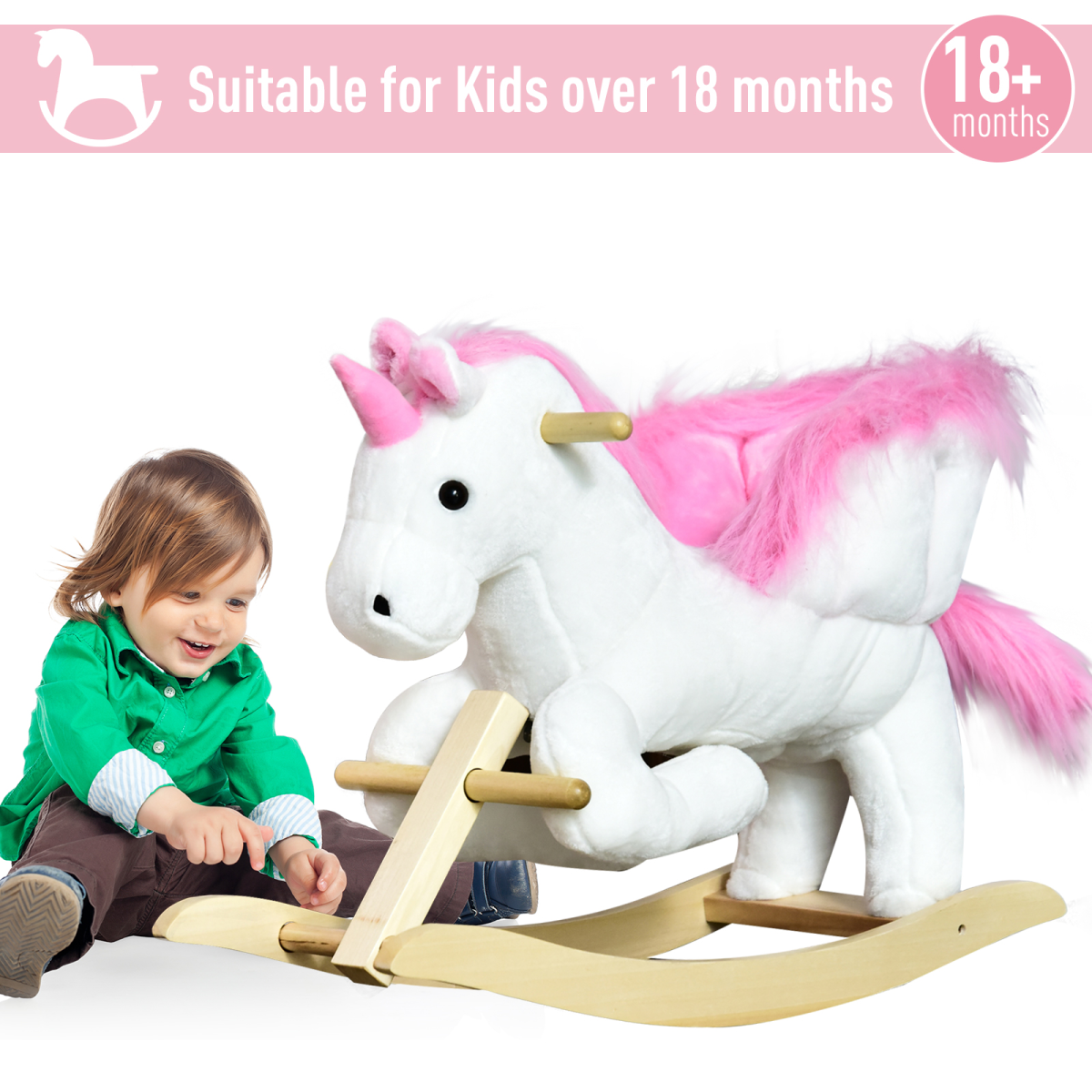 Kids Wooden Unicorn Rocking Horse Ride On Plush Toy with Soft Seat, Musical Button, Pink