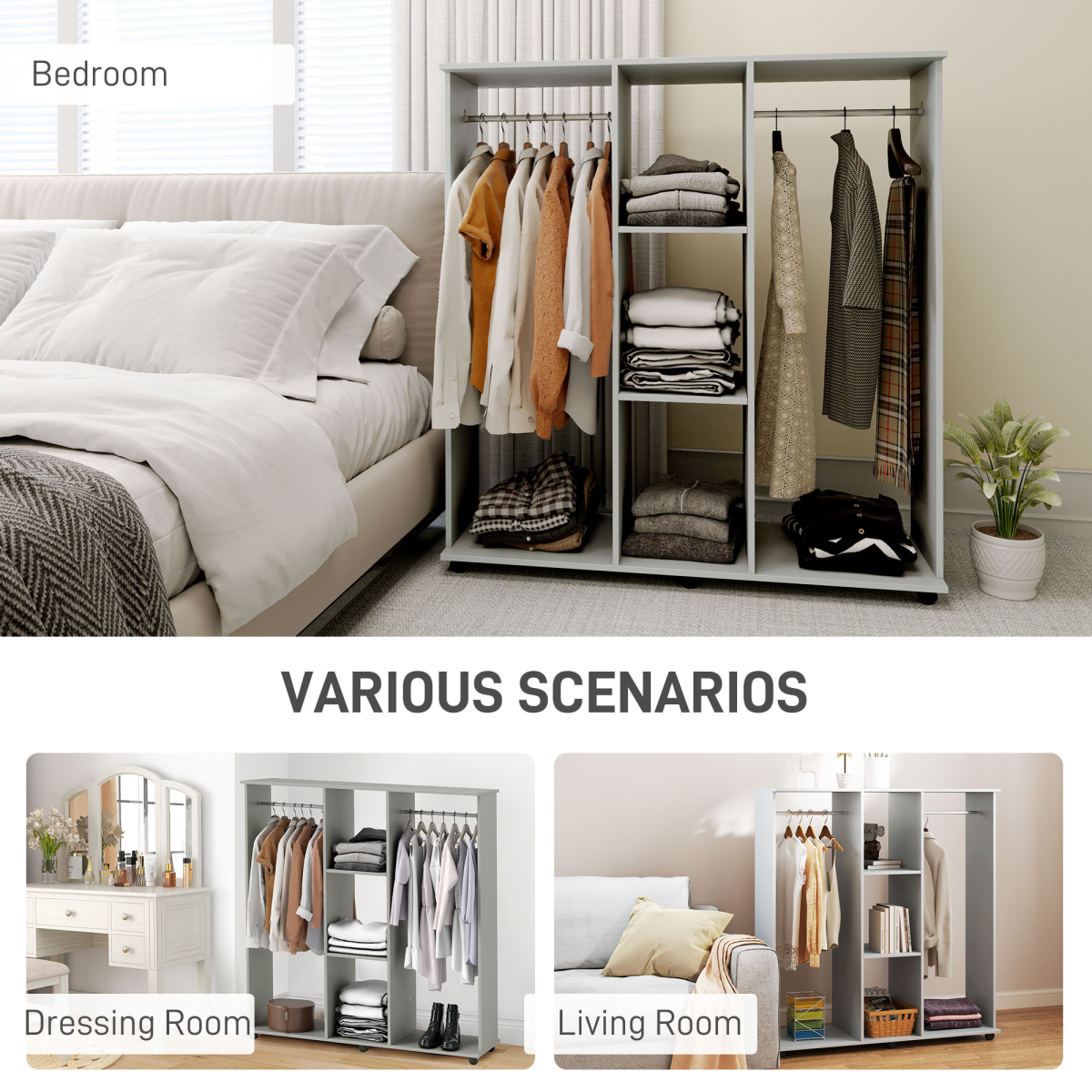 HOMCOM Mobile Double Open Wardrobe with Hanging Rails, Grey