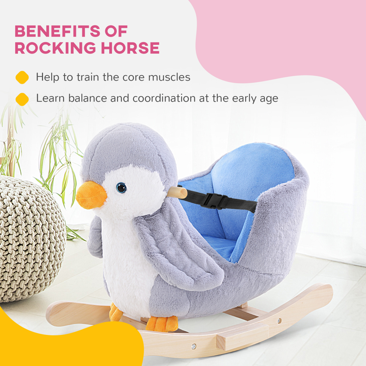 HOMCOM Penguin Plush Musical Rocking Horse, 32 Songs, Wood