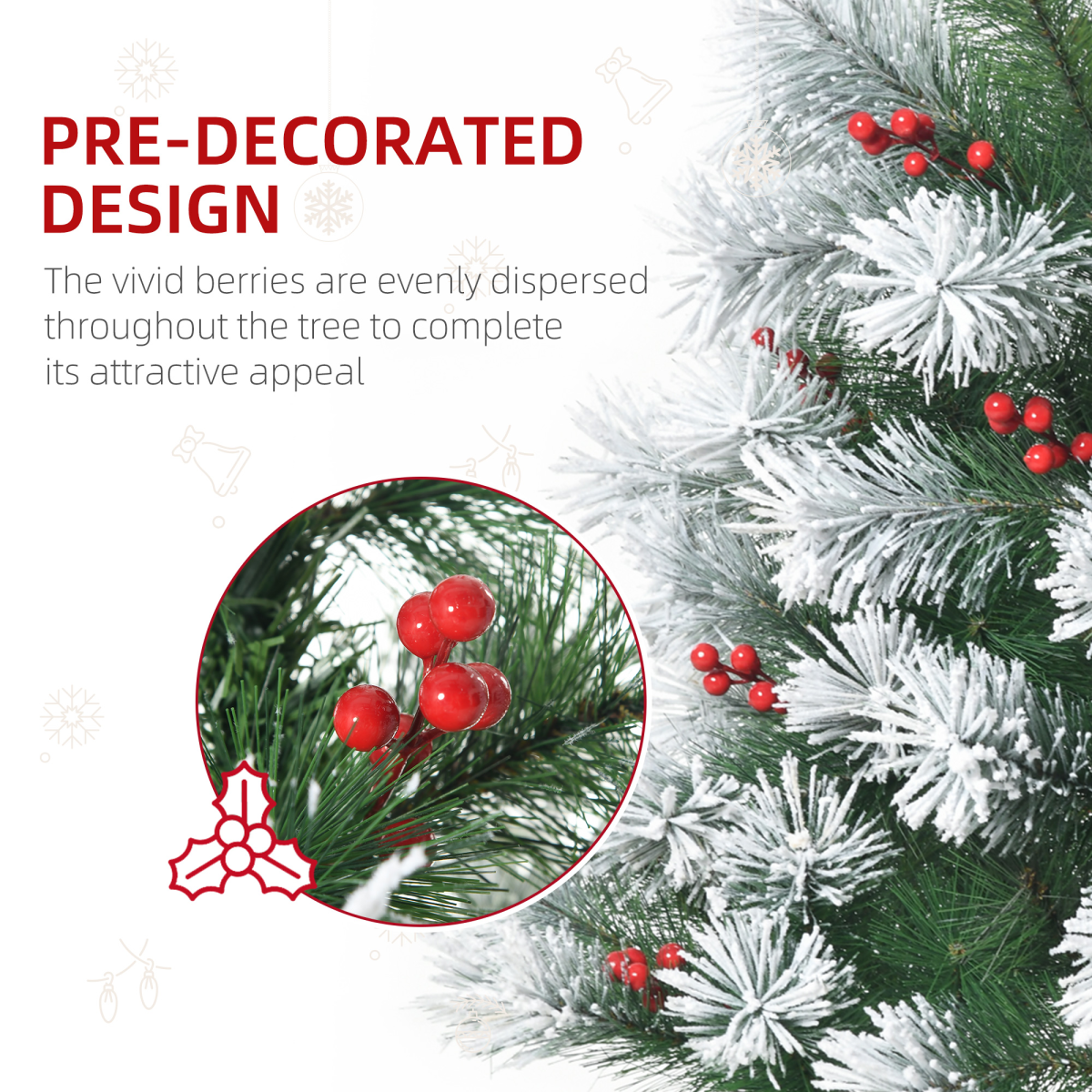 HOMCOM 5ft Indoor Artificial Christmas Tree, Emerald Green Spruce, Berry Decoration, 184 PET Tips, Metal Stand