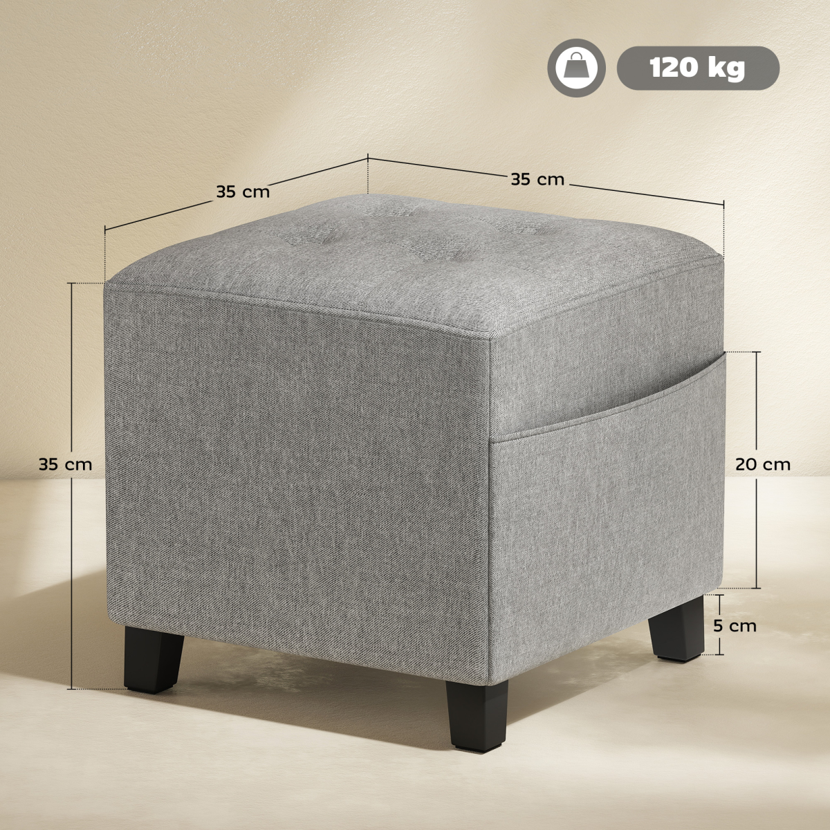 HOMCOM Small Square Ottoman Footstool with Padded Seat, Light Grey