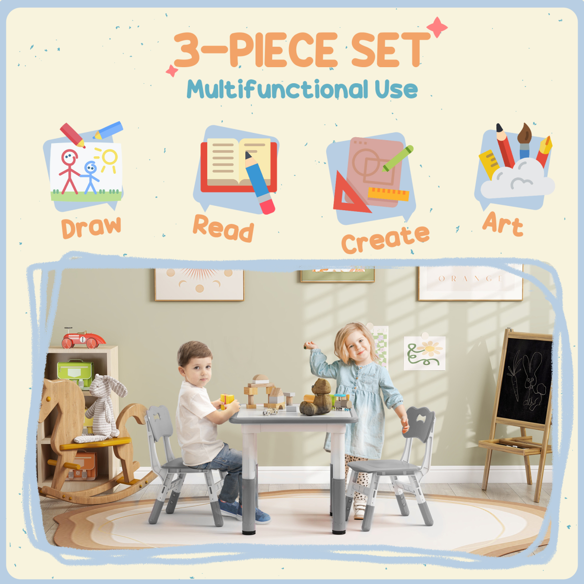 AIYAPLAY 3-Piece Height Adjustable Kids Table and Chair Set, Grey