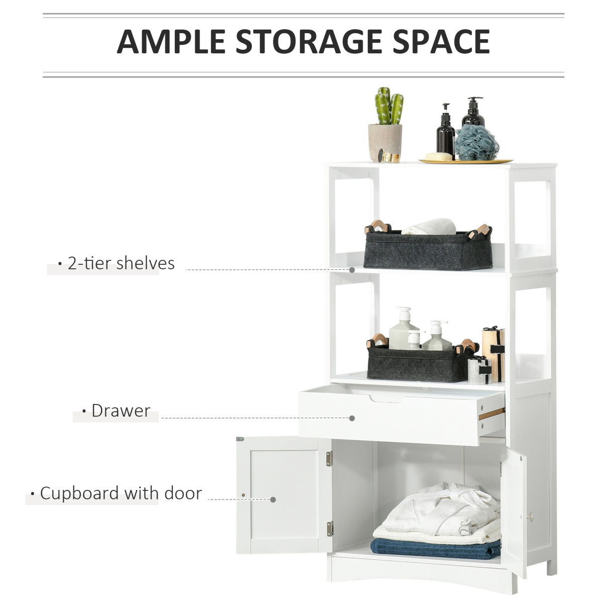 kleankin Bathroom Floor Storage Cabinet, Standing Unit with 2 Top Shelves, Drawer and Bottom Cupboard