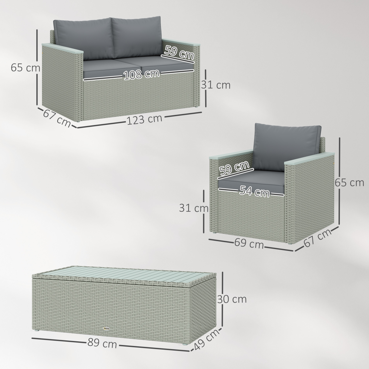 Outsunny 4-Piece Rattan Patio Furniture Set with Cushions, Light Grey