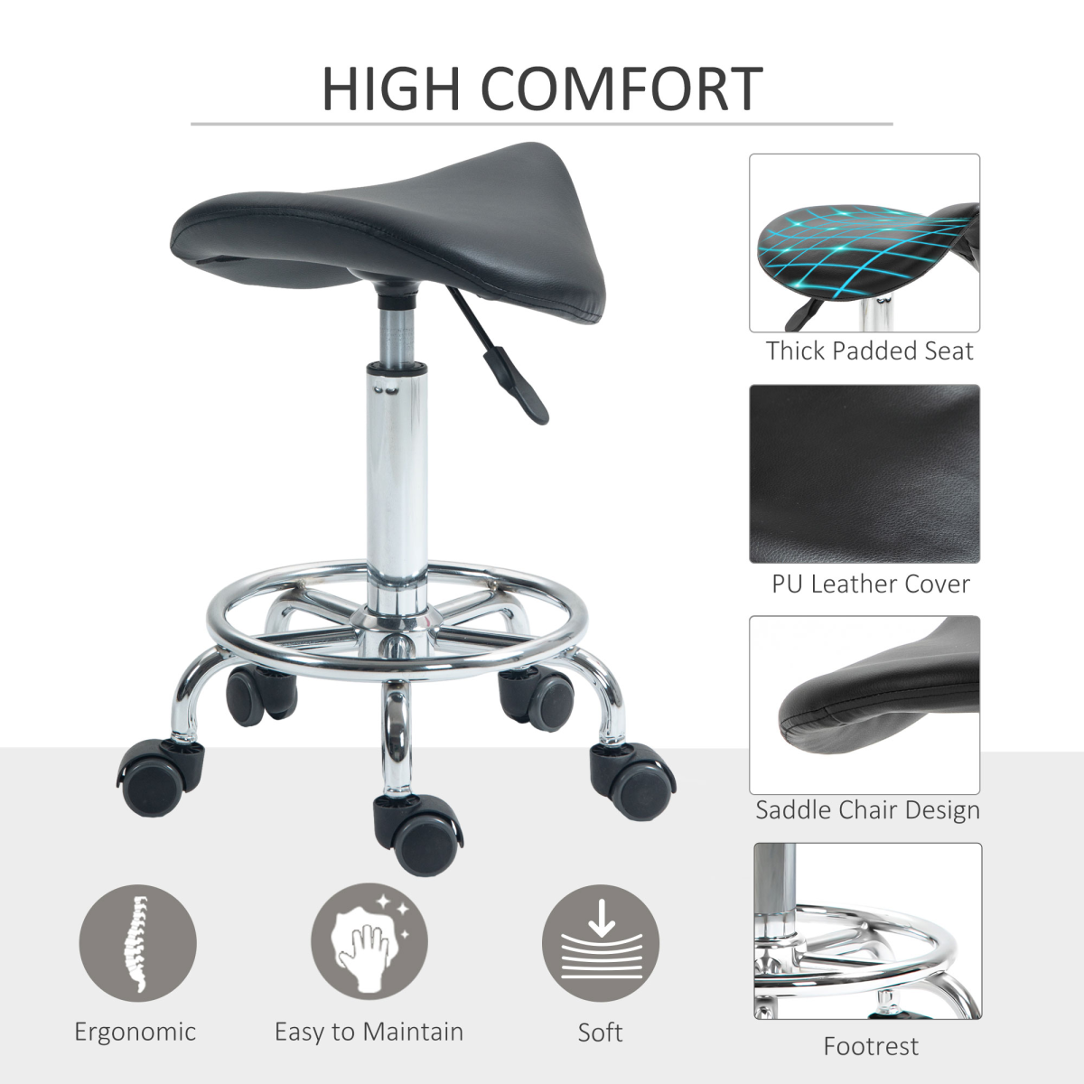 HOMCOM Adjustable Saddle Stool with Rolling Castors, Black