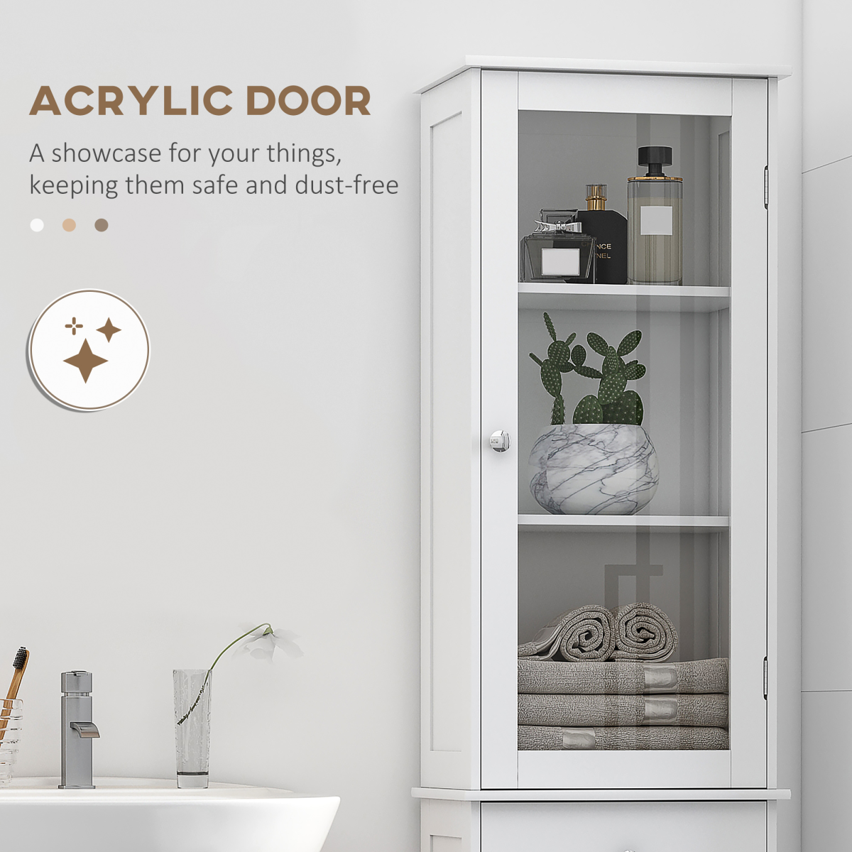 kleankin Bathroom Storage Cabinet with 3-Tier Open Shelves, Bottom Cabinet with Shelf, Transparent Acrylic Door, White
