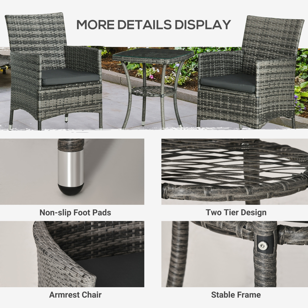 Outsunny 2 Seater Garden Bistro Set with Side Coffee Table, Cushions, Light Grey