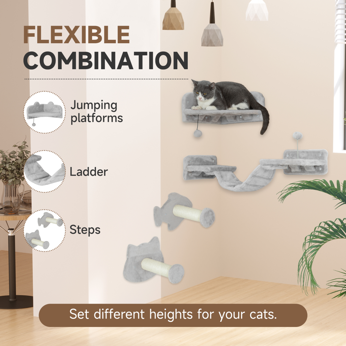 PawHut 4-Piece Wall-Mounted Cat Shelves with Steps, Ladder & Platforms