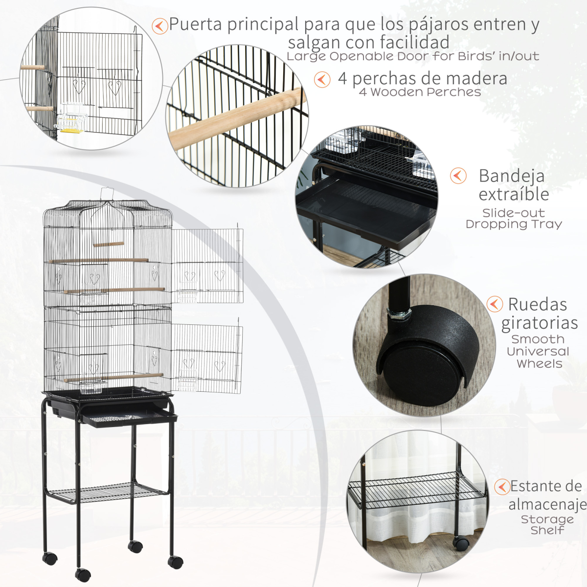PawHut Metal Bird Cage with Rolling Stand, Slide-Out Tray and Storage Shelf, Black