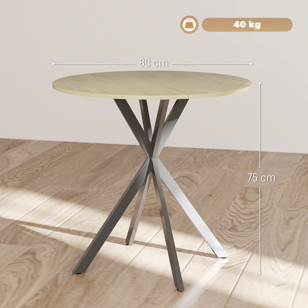 HOMCOM 80cm Round Dining Table, White Oak Effect with Steel Legs