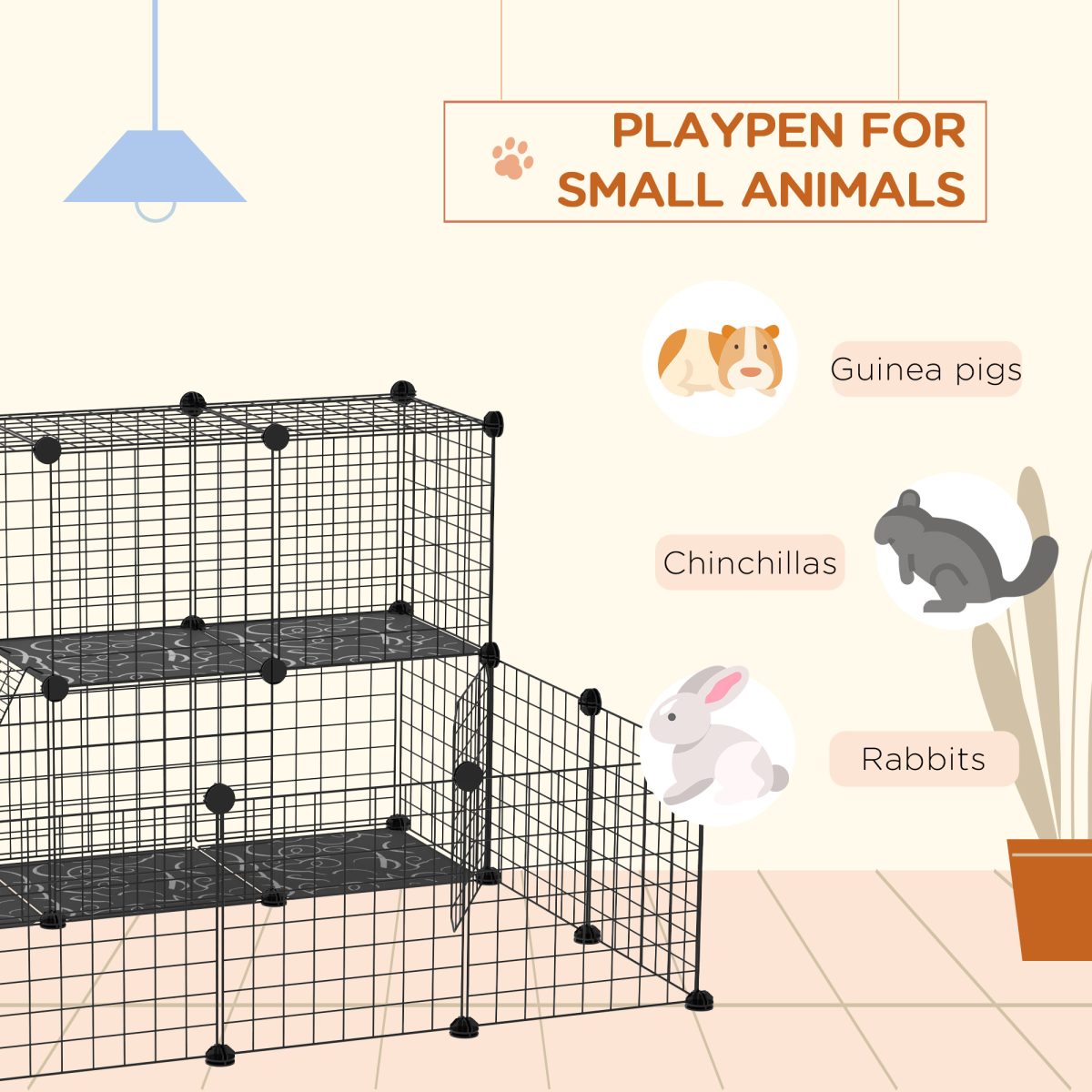 PawHut DIY Small Animal Playpen with 24 Wire Panels, 2 Door Panels, 5 Resin Panels, Ladder, Black