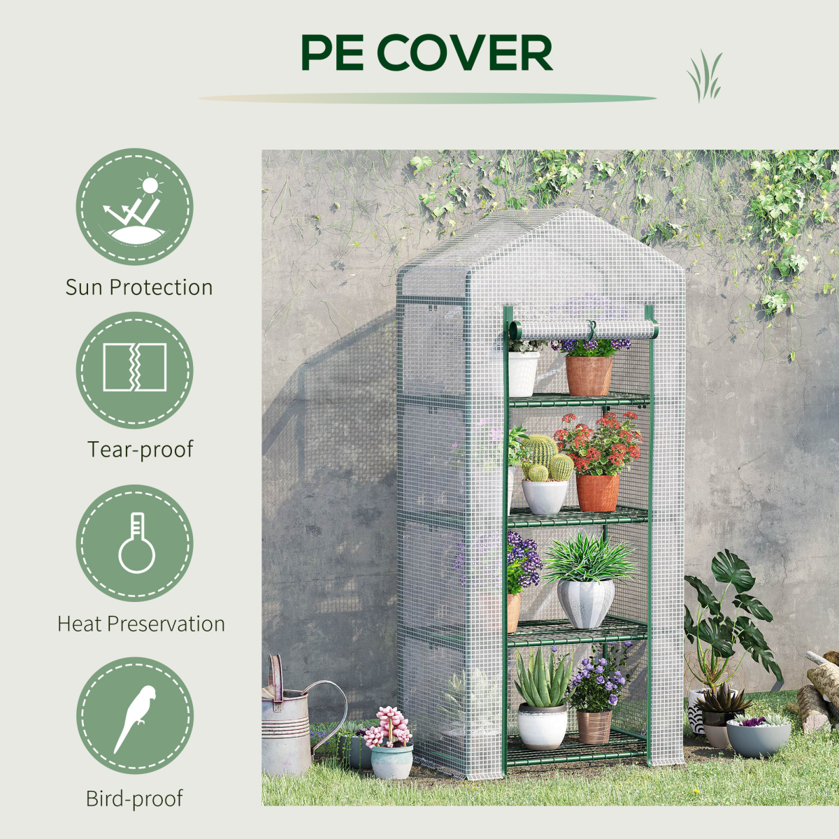 Outsunny 4 Tier Portable Mini Greenhouse with Steel Frame, PE Cover, Zipped Roll-Up Door, 160x69x50cm