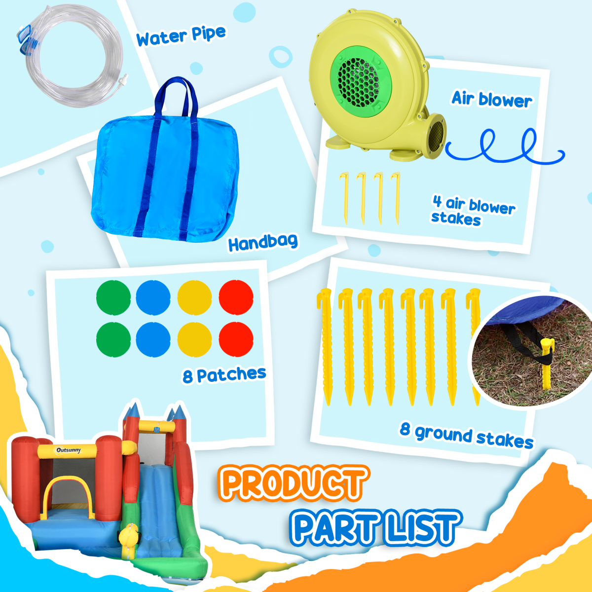 Outsunny Kids Bouncy Castle with Slide, Water Pool, Climbing Wall, Trampoline, Basket, Water Gun and Electric Blower