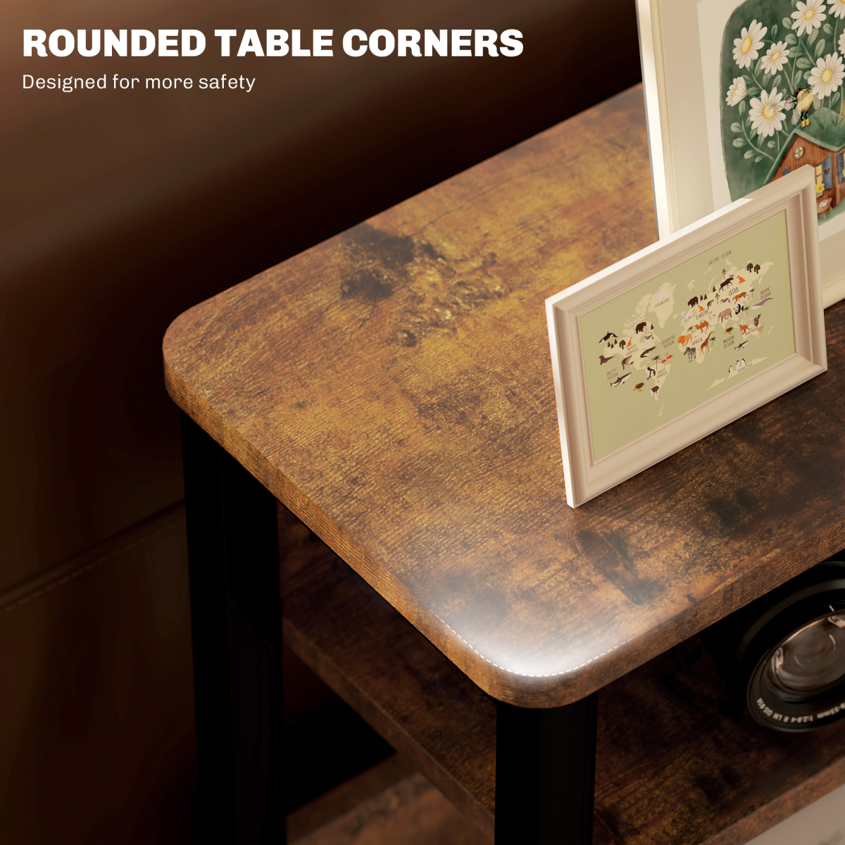 HOMCOM Narrow Industrial Side Table with Storage, Rustic Brown