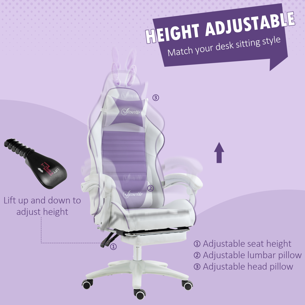 Vinsetto Racing Style Gaming Chair with Footrest, Removable Bunny Ears, Purple