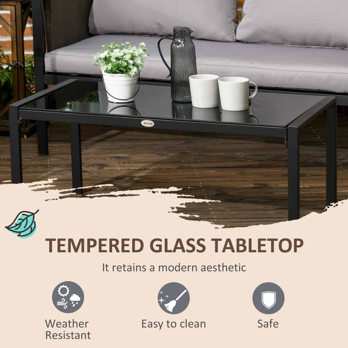 Outsunny 4-Piece Garden Sofa Set with Tempered Glass Coffee Table and Cushions