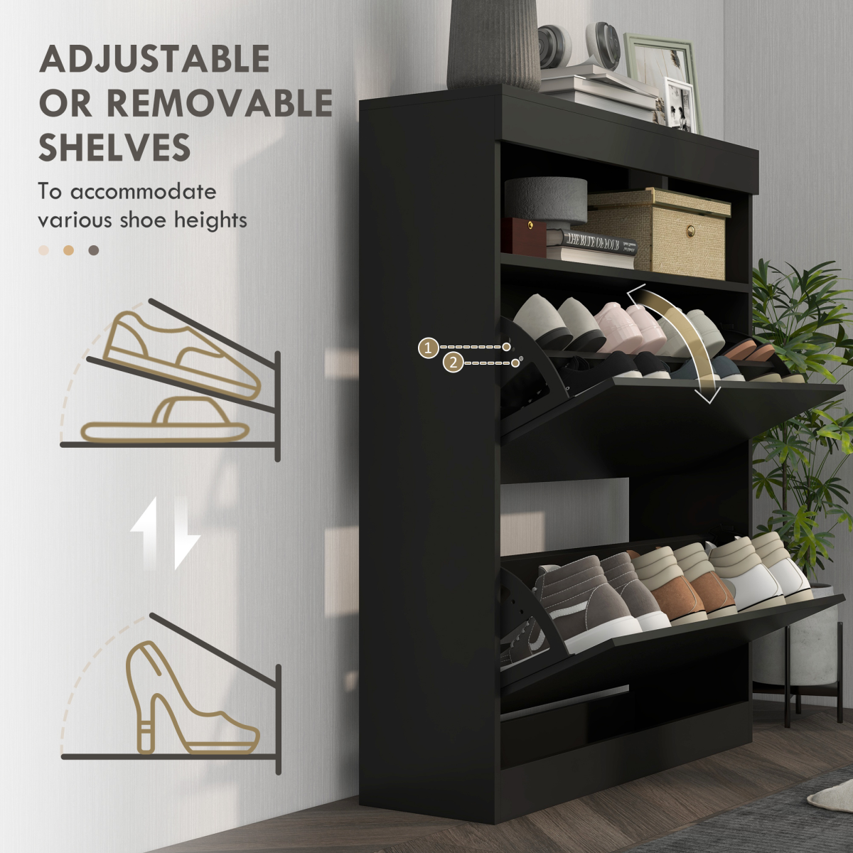 HOMCOM Black Shoe Cabinet with 2 Flip Drawers, Wall Mounted/Freestanding