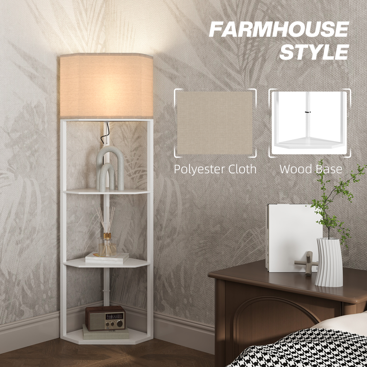 HOMCOM Corner Floor Lamp with Shelves, White