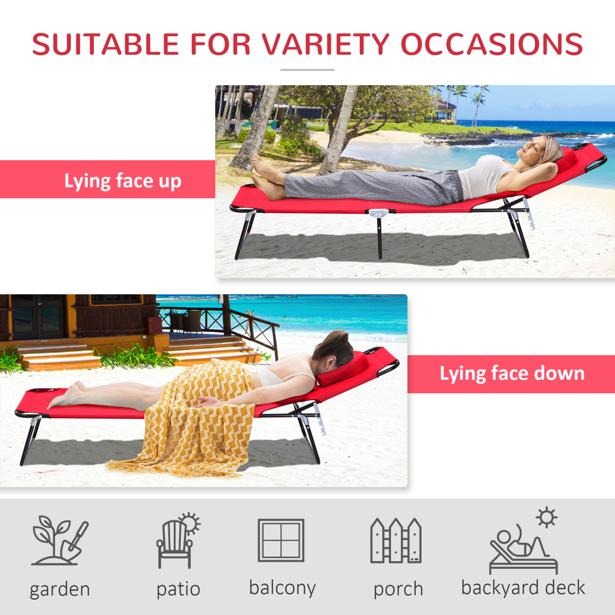 Outsunny Folding Sun Lounger Reclining Chair with Adjustable Backrest and Reading Hole, Red