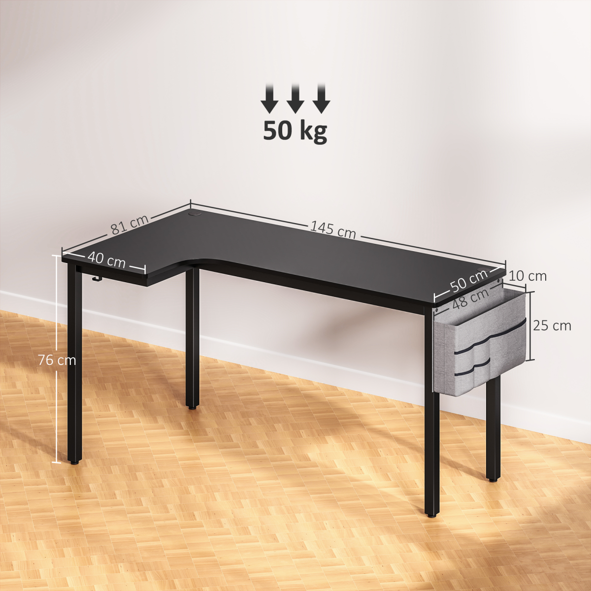 HOMCOM L-Shaped Corner Computer Desk with Fabric Bag & Hooks, Black