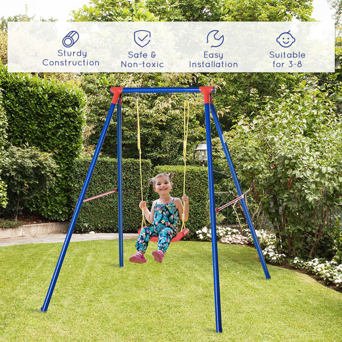 Children's Metal Swing Set with Adjustable Ropes, A-Frame Stand