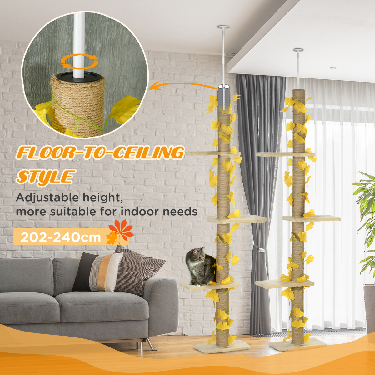 PawHut Adjustable Floor-to-Ceiling Cat Tree with Anti-Slip Kit