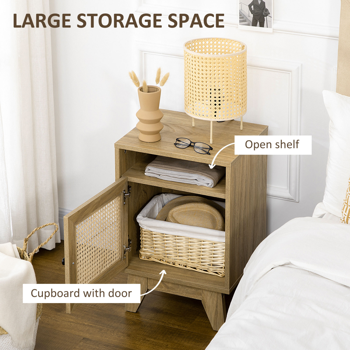HOMCOM Bedside Table with Drawer, Shelf and Rattan Panel
