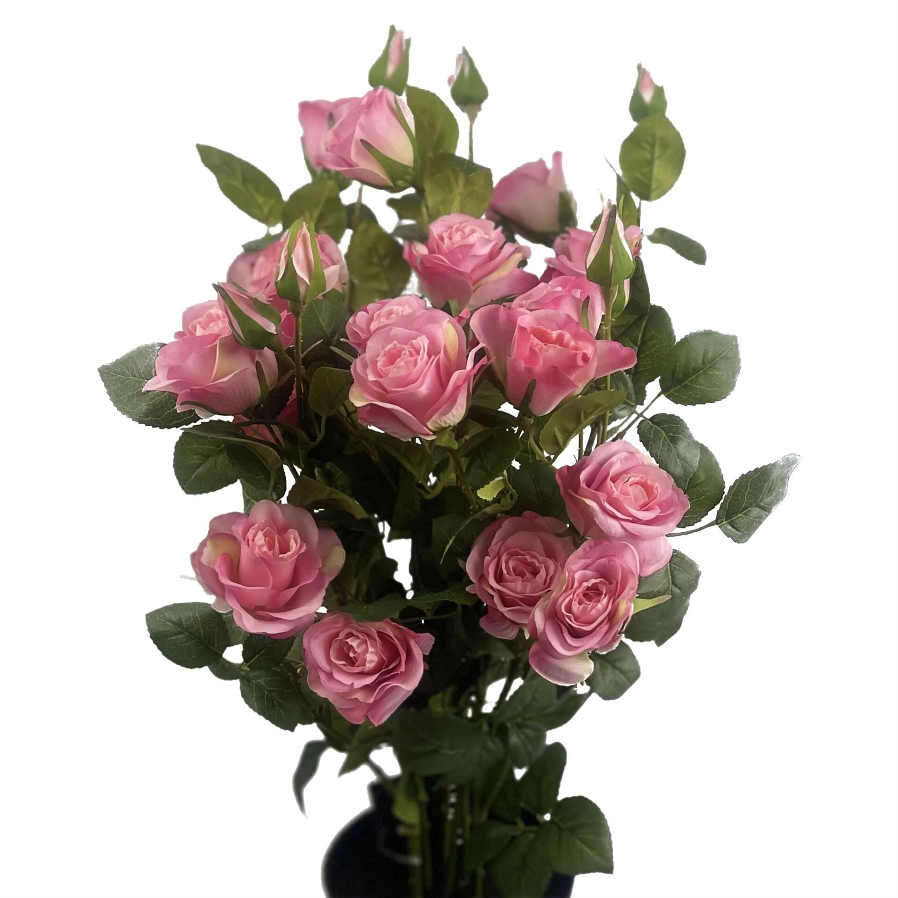 60cm Artificial Pink Silk Rose Bush with Leaves, Potted Ready-to-Display Premium Plant