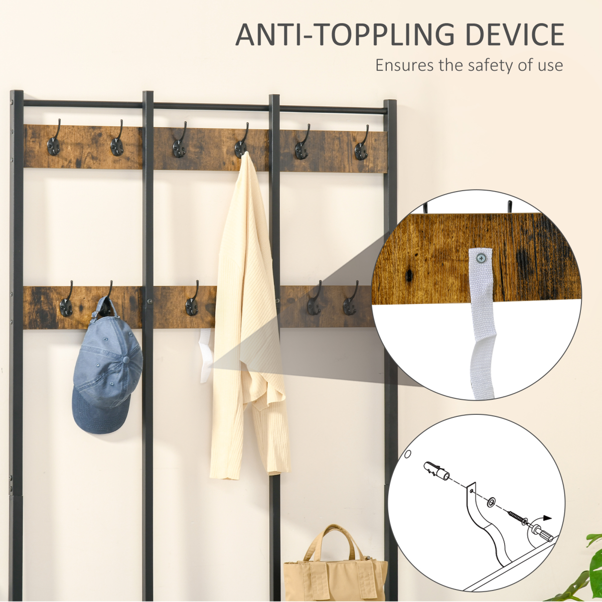 Entryway Hall Tree Coat Rack with Shoe Bench, 3-in-1 Metal Storage Rack with 12 Hooks and Shoe Shelf, Industrial Style