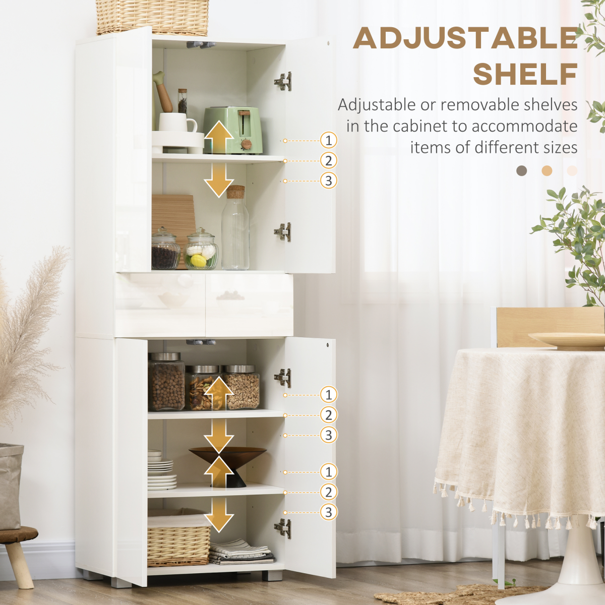 4-Door White Freestanding Kitchen Storage Cabinet with Shelves & Drawers