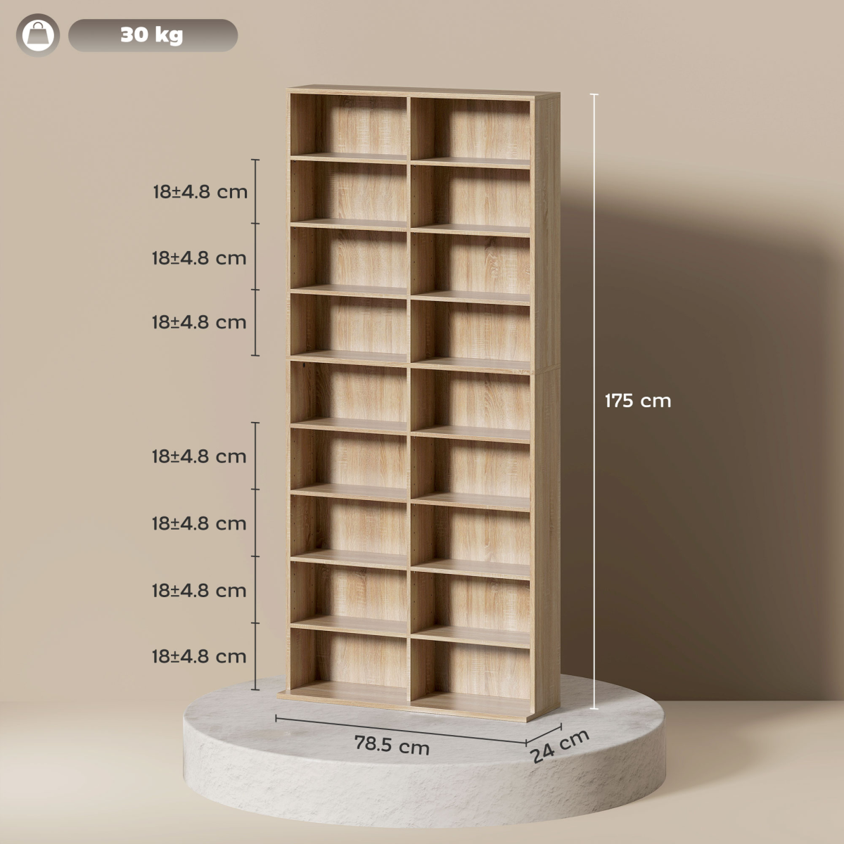 HOMCOM 640 CD 360 DVD Storage Tower, 18 Compartments, Natural