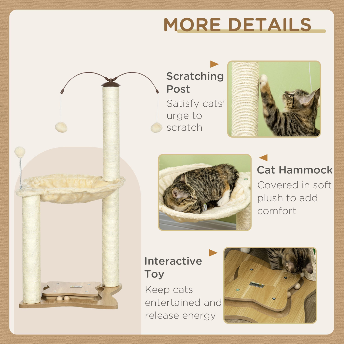 Cat Tree for Indoor Cats with Scratching Posts, Hammock, Toy Ball, Pawhut
