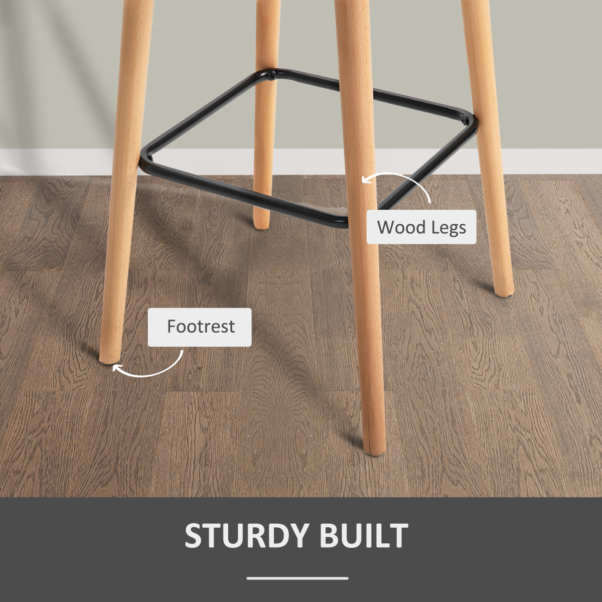 2-Piece Upholstered Linen Bar Stools with Solid Wood Legs, Grey