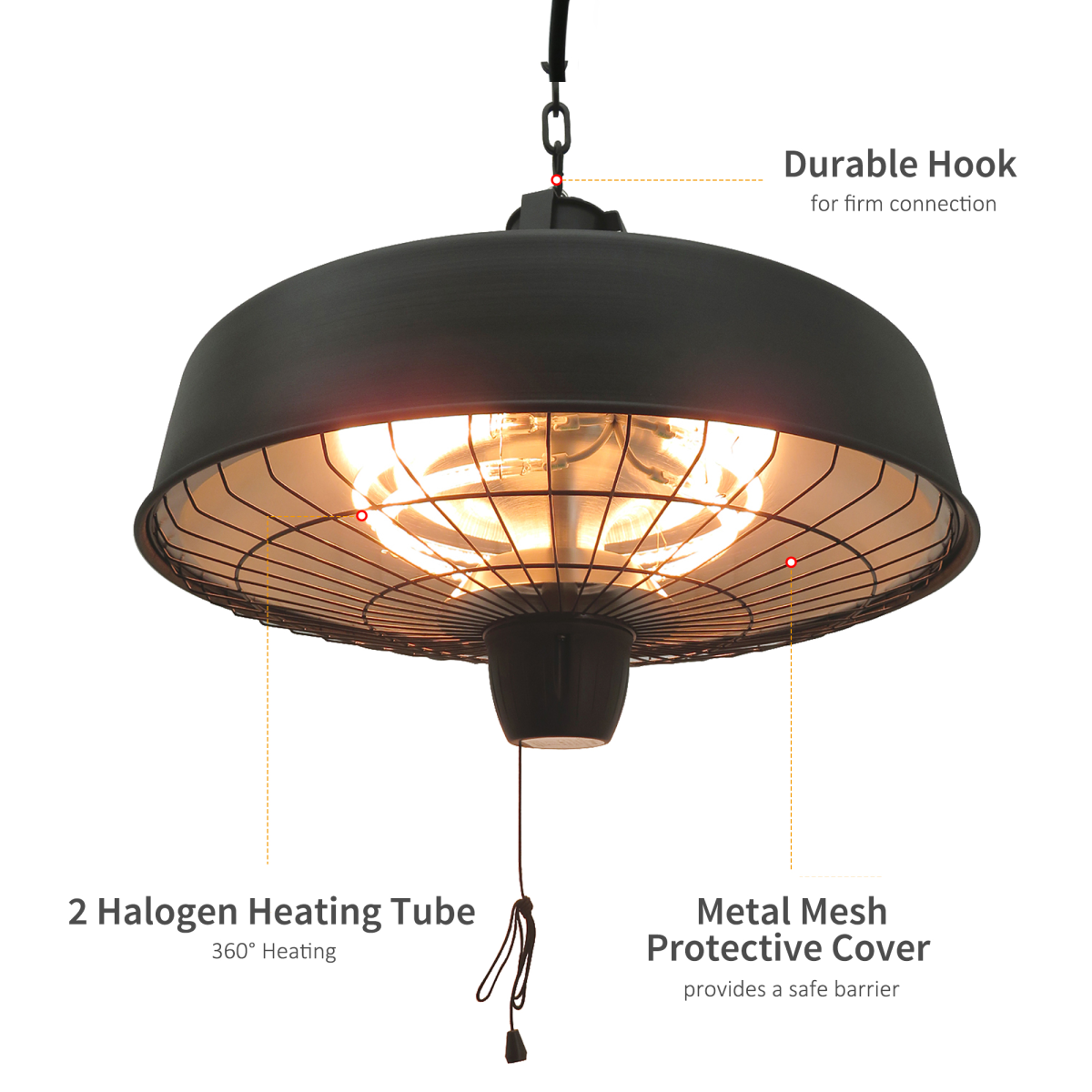 HOMCOM Adjustable Infrared Halogen Ceiling Hanging Heater 1000/2500W Black Aluminium IP24