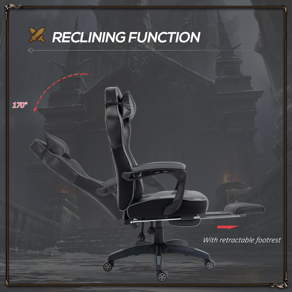 Vinsetto Grey Ergonomic Reclining Gaming Chair with Footrest