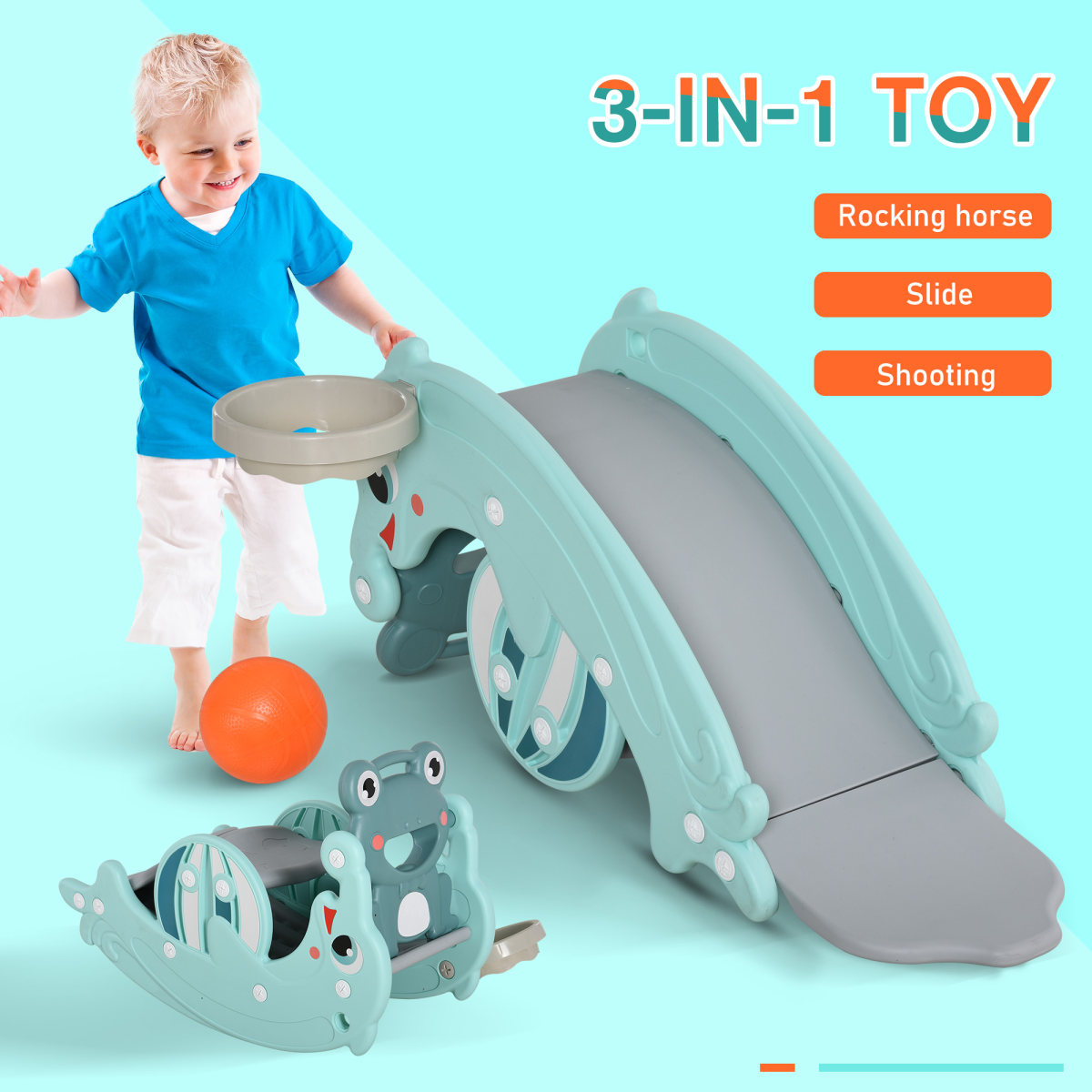 3-in-1 Children’s Rocking Horse, Slide and Basketball Hoop, Portable Indoor and Outdoor Toy