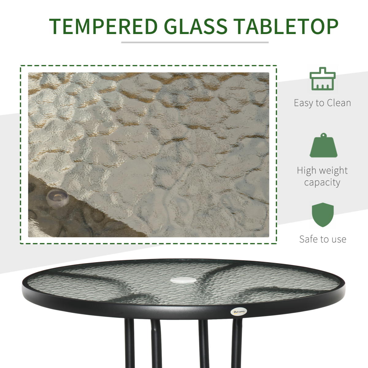 Outdoor Round Dining Table, Tempered Glass Top, Steel Frame, Parasol Hole, 80cm