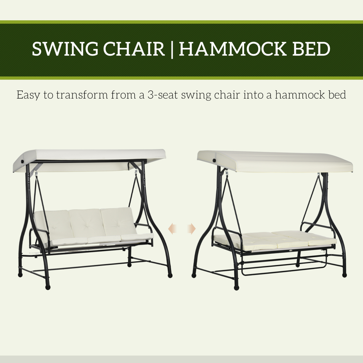 Outsunny 3-Seater Canopy Swing Chair with Cushion, Cream White