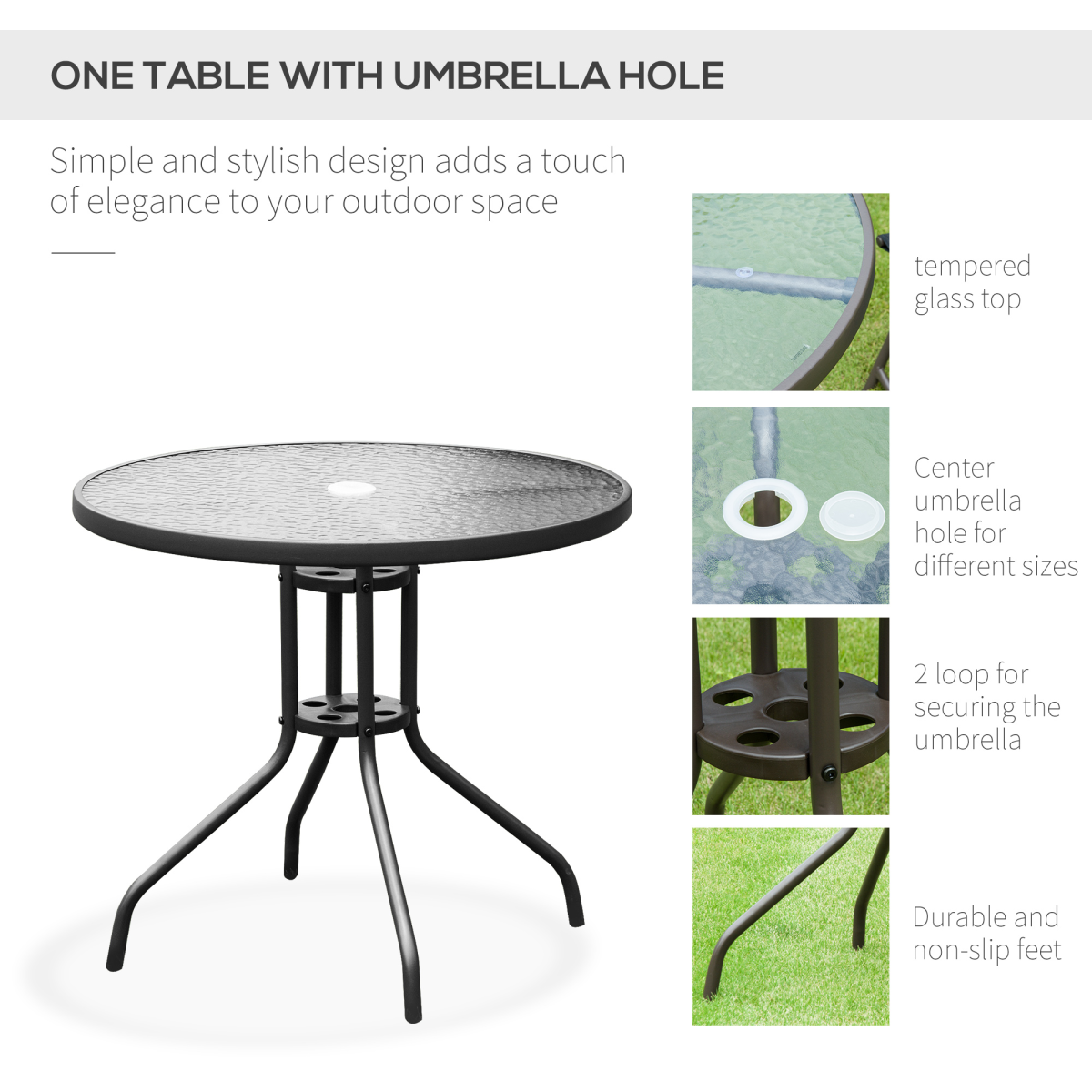 Outsunny 6-Piece Black Outdoor Bistro Set with Round Table, 4 Foldable Texteline Chairs and Parasol