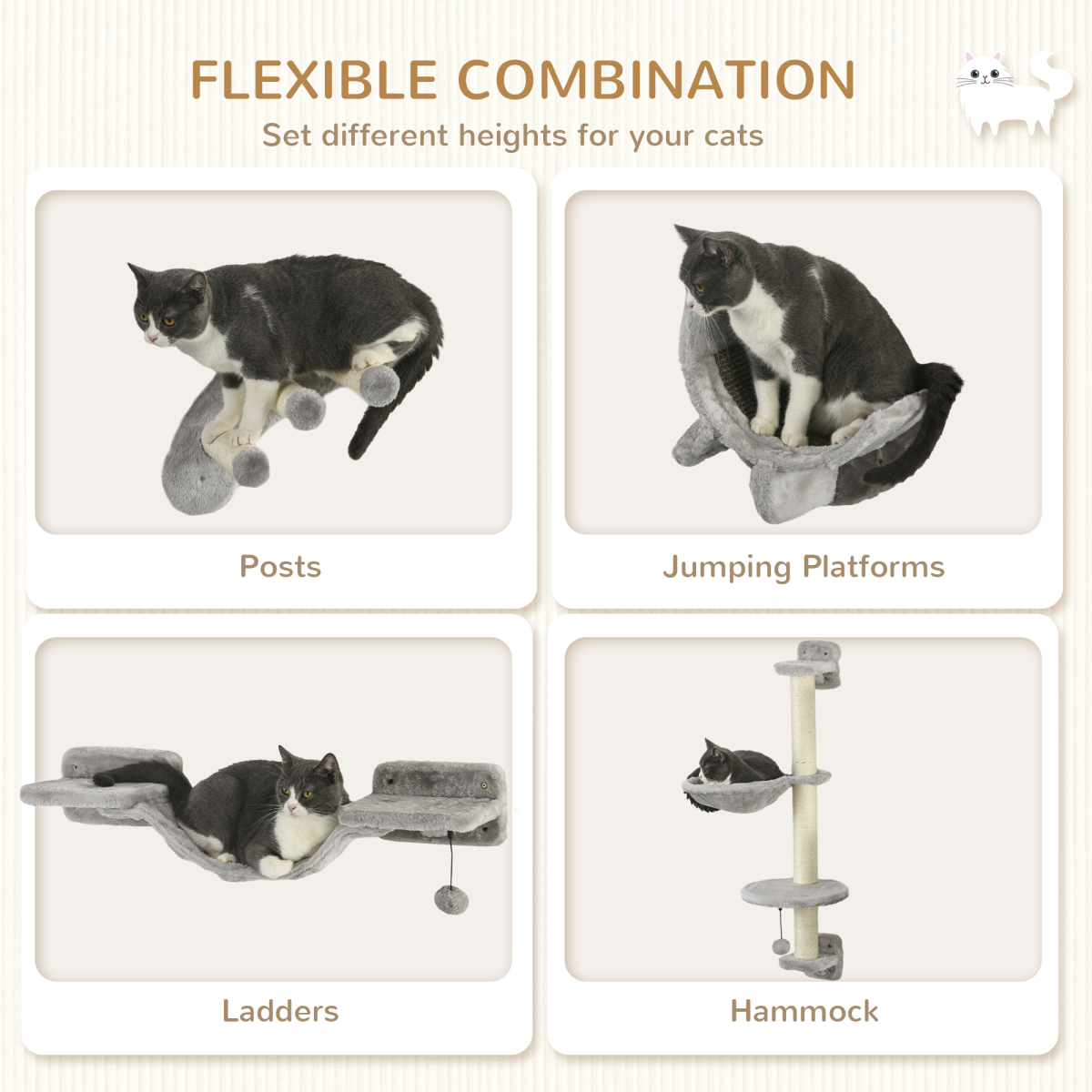 PawHut 4-Piece Wall-Mounted Cat Furniture Set with Hammock, Grey