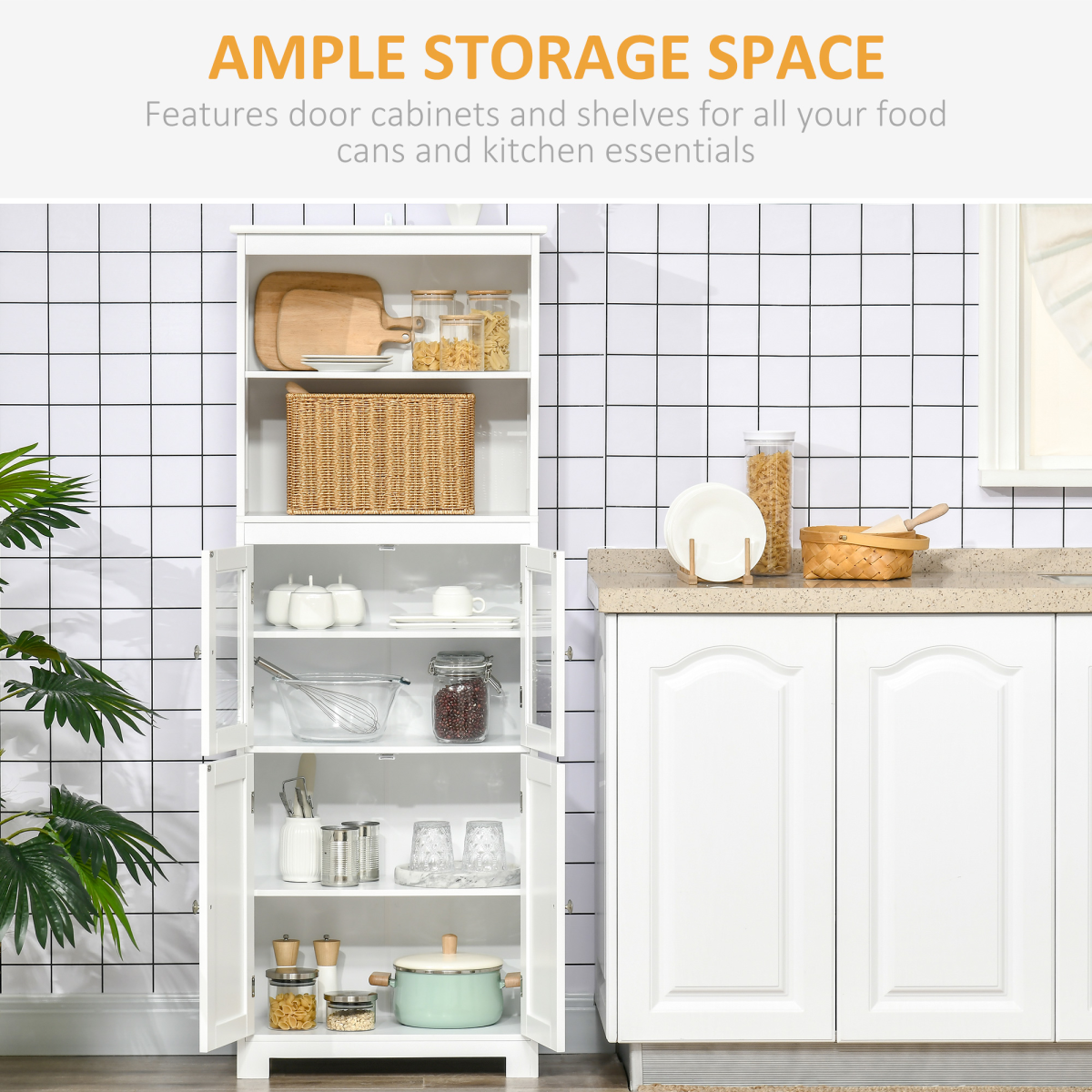 HOMCOM White Kitchen Cupboard with Adjustable Shelves and Glass Doors