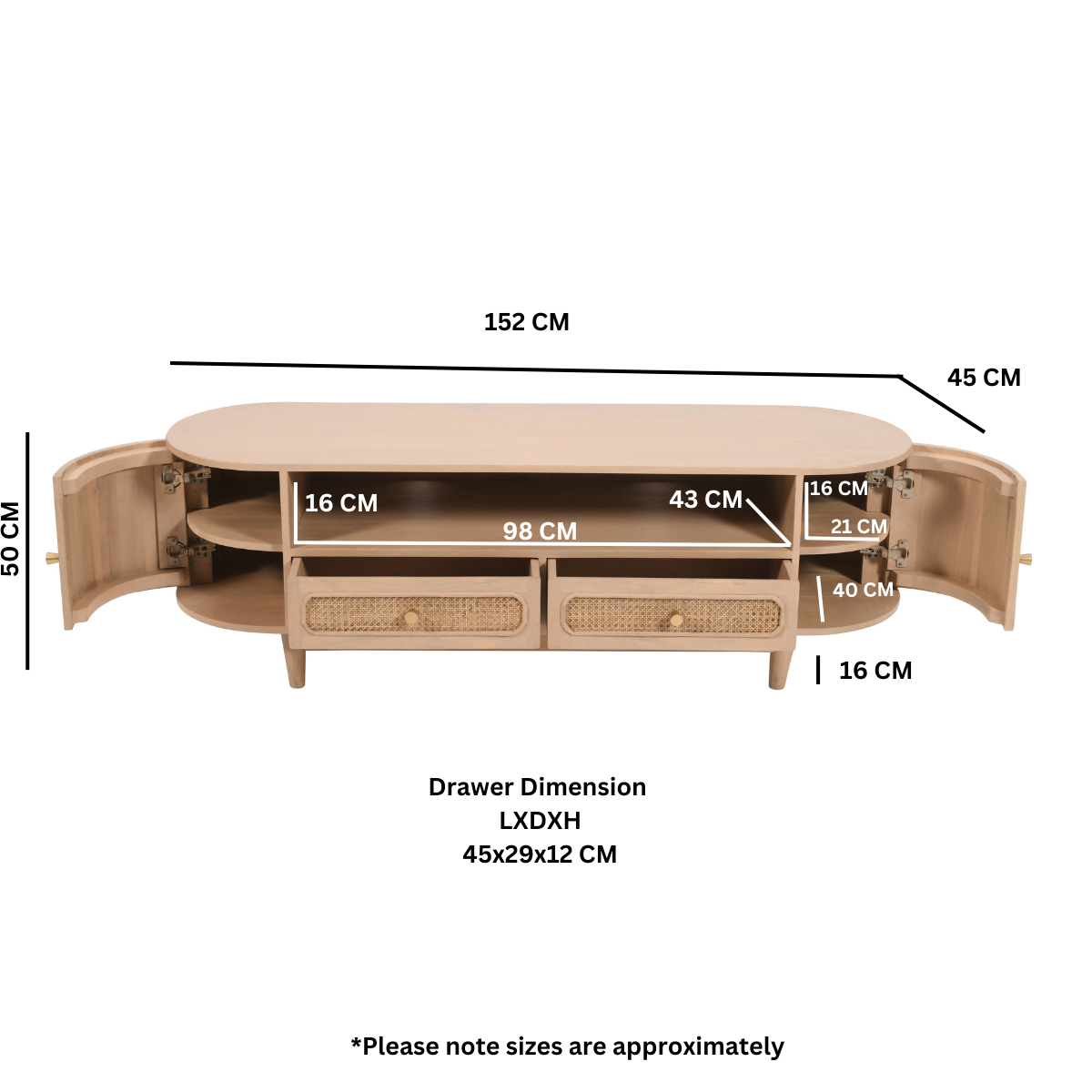 Valencia Cane & Mango Wood 2 Drawers And 2 Door Tv Cabinet
