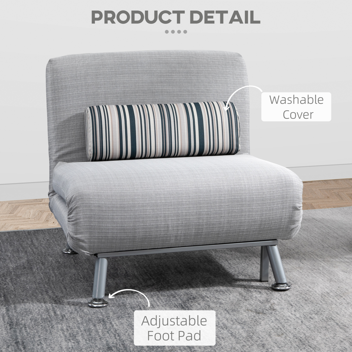 Single Sofa Bed Folding Chair Bed with 5-Position Adjustable Back, Steel Frame, Pillow, Grey/Silver