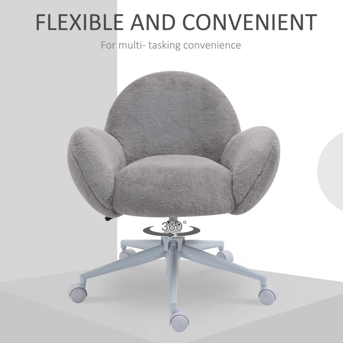 HOMCOM Fluffy Leisure Office Chair with Backrest and Armrests, Swivel Height Adjustable, Grey