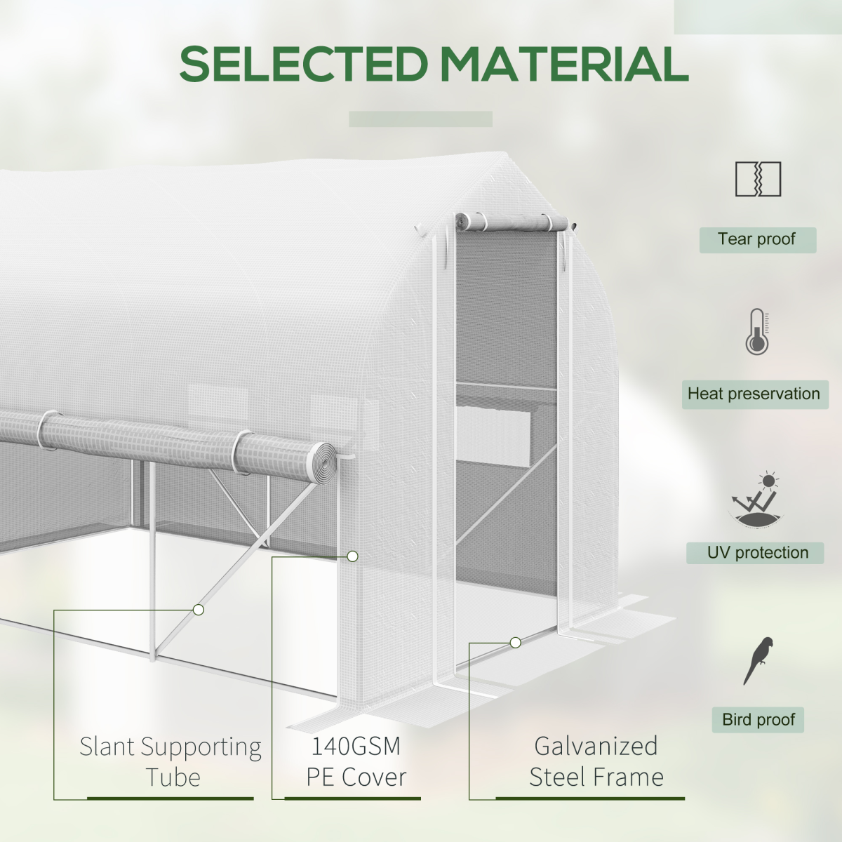 Outsunny 3 x 2m White Polytunnel Greenhouse with Roll-Up Sides, Mesh Door