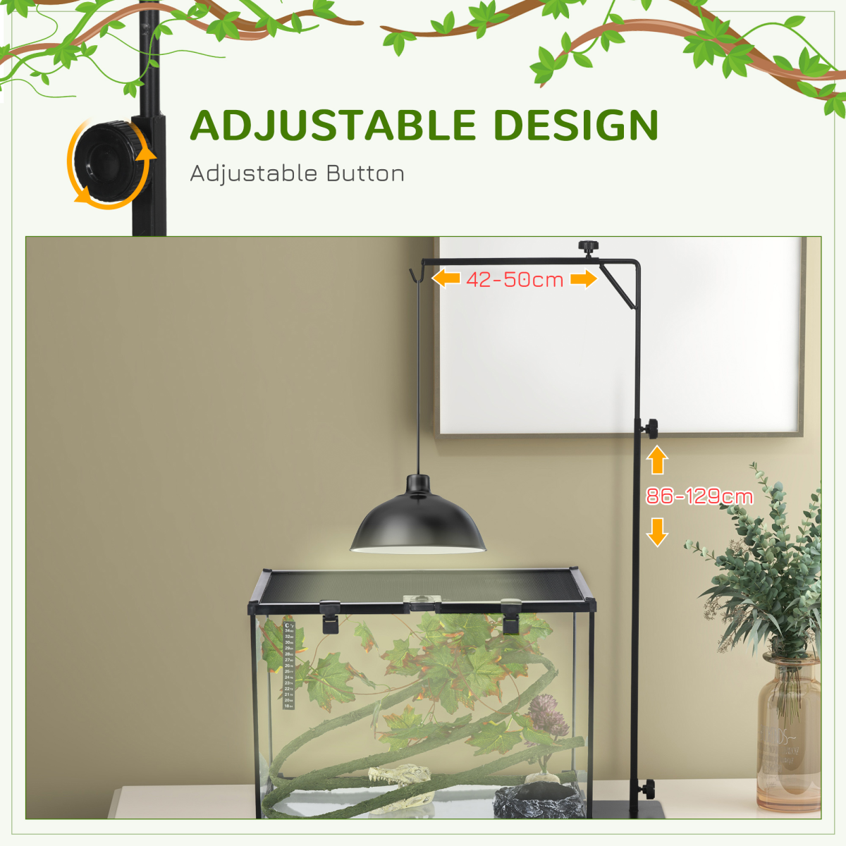 PawHut Adjustable Reptile Lamp Stand with Steel Base & Hook