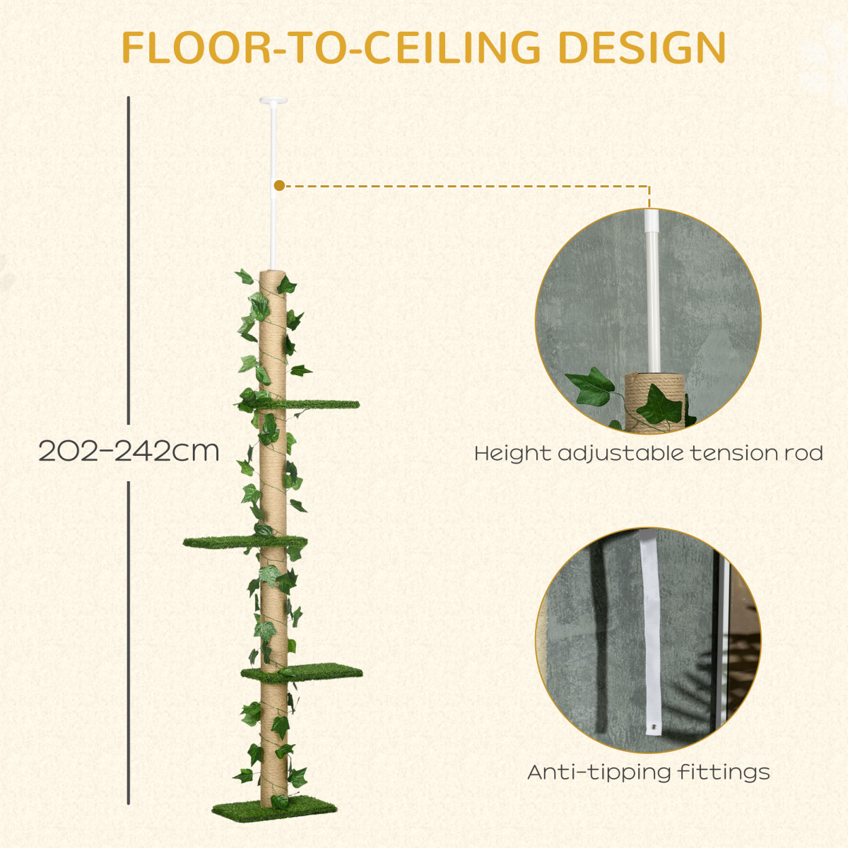 202-242cm Adjustable Floor-to-Ceiling Cat Tree, Green, Anti-Slip Kit