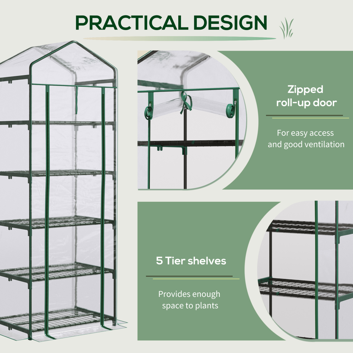 Outsunny 5-Tier Outdoor Greenhouse with Steel Frame, Transparent PVC Cover, Zipped Door, 69 x 49 x 193 cm